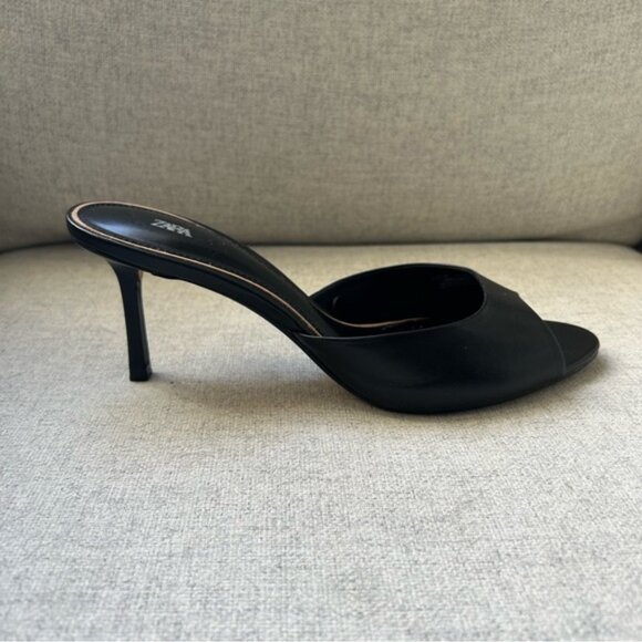 ZARA Leather Peep Toe Black Heel Sandals - Picture 4 of 11